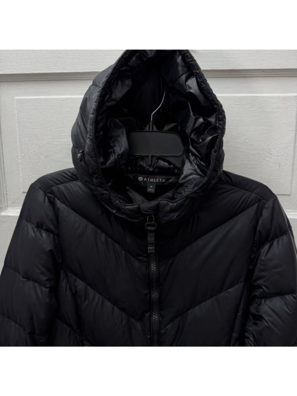 Athleta Goose Down Puffer Coat Women Medium Black Hooded Long Jacket - Picture 3 of 10